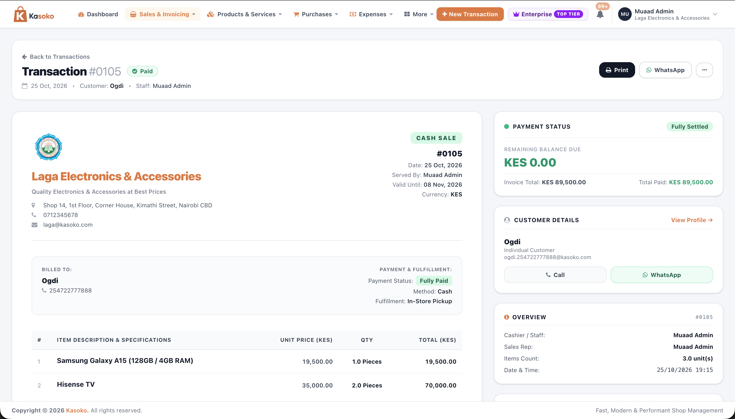 Kasoko Receipt #0105 showing Fully Settled status, item list, Print and WhatsApp buttons, and Customer History